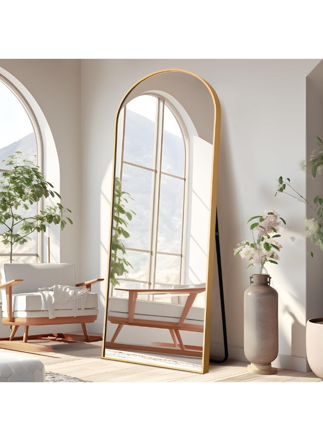 Vphom Arched Full Length Mirror with Stand, 160x60cm Arch Floor Mirror, Full Body Wall Mirror Hanging, Leaning or Freestanding, HD Explosion-Proof Glass, Aluminum Frame Decorative Mirror for Bedroom, Living Room & Dressing Area – Gold - Image 1